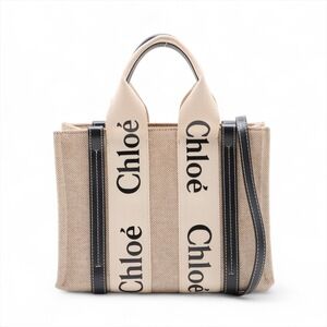 Chloe Woody Canvas Leather Handbag Beige Tan Black